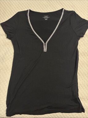 Majestic Black Short Sleeve Tee with Rhinestone V Trim